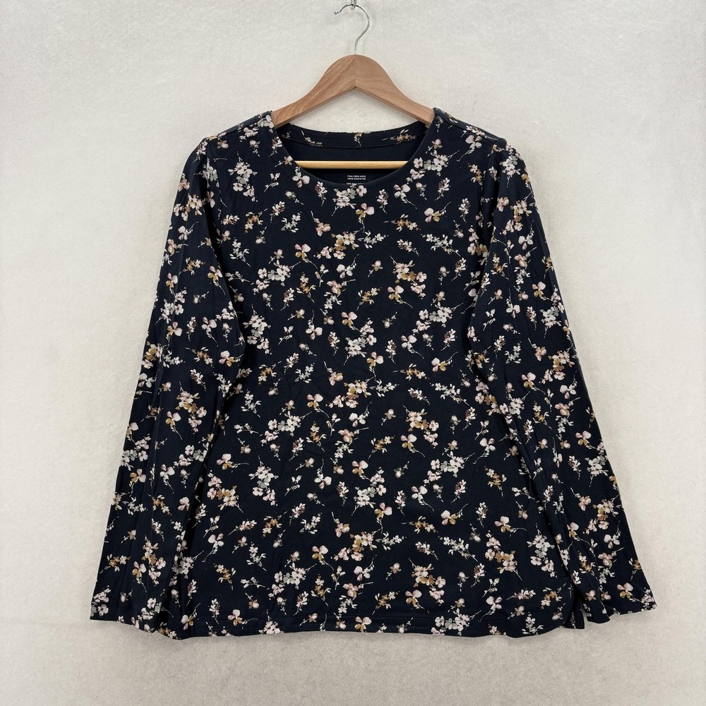 J Jill Pima Crew Neck Tee Shirt Womens Medium Navy Floral Long Sleeve Cotton Top